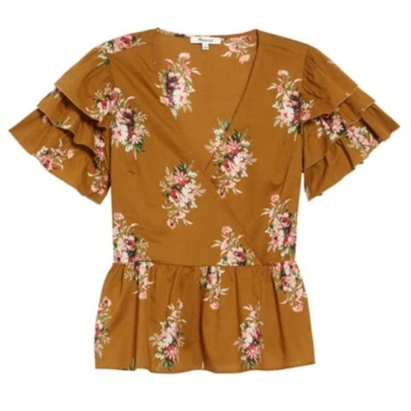 Madewell Cotton Floral Ruffle Sleeve Wrap Top - Brown size 4 - Picture 1 of 7